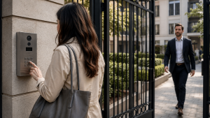 Telephone entry panel mounted at a Phoenix HOA community gate. Touchscreen directory visible, gate and desert landscaping in background. Clean professional installation.